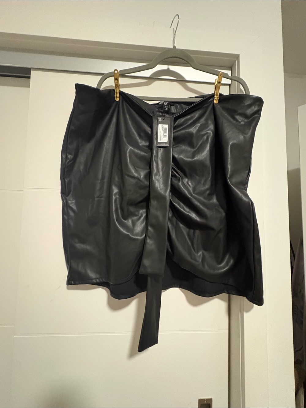 PrettyLittleThing Black Faux Leather Mini Skirt with Front Tie Detail